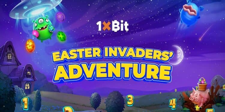 Pancarta promocional del torneo La Aventura de los Invasores de Pascua de 1xBit.