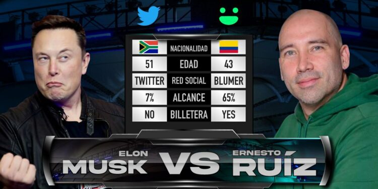 Foto de Elon Musk, dueño de Twitter, y Ernesto Ruiz creador de la red social con wallet de criptomonedas, Blumer.