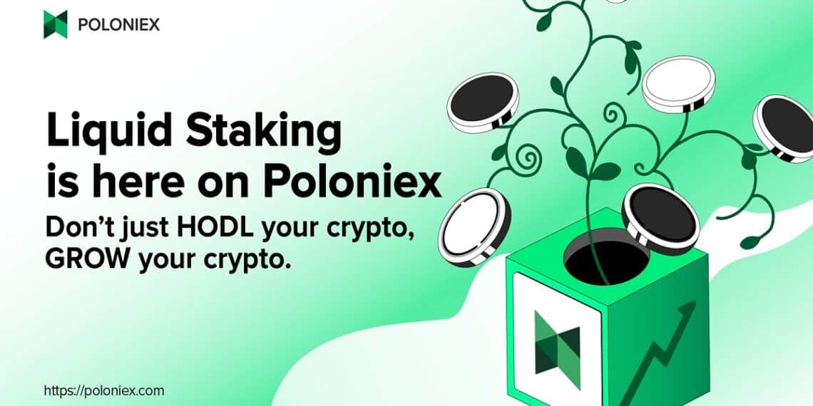 Pancarta promocional del producto Liquid Staking de Poloniex.