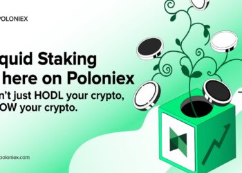 Pancarta promocional del producto Liquid Staking de Poloniex.