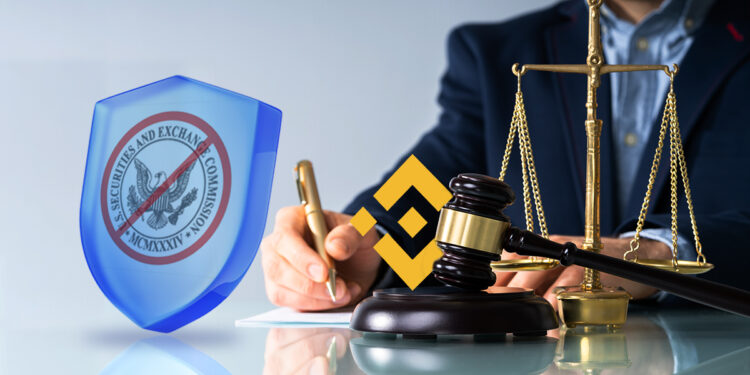 escudo con logo de la SEC tachado protegiendo persona firmando documento con logo de binance junto a martillo de juez
