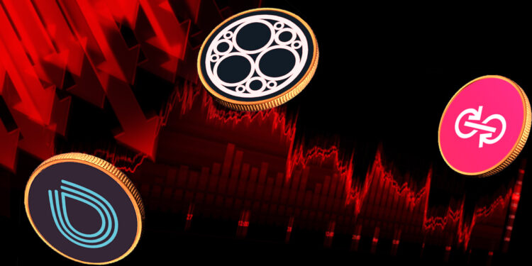 monedas cayendo con grafico de precio en rojo cayendo en el fondo