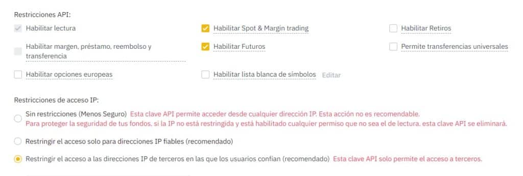 Ejemplo de configuración de permisos API de 3commas en Binance