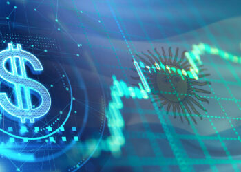 dolar crypto junto a grafico de precio en aumento con bandera de Argentina en el fondo