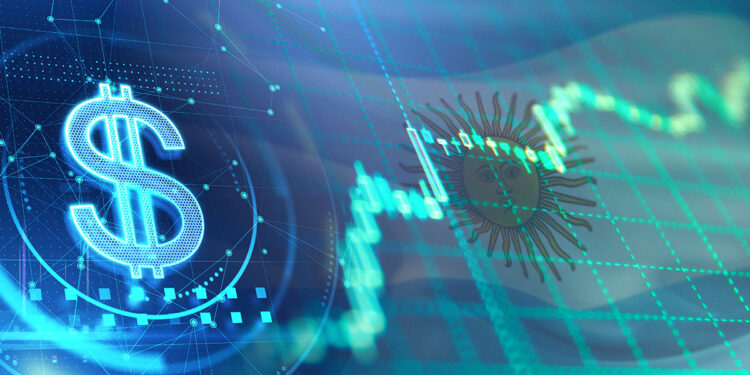 dolar crypto junto a grafico de precio en aumento con bandera de Argentina en el fondo