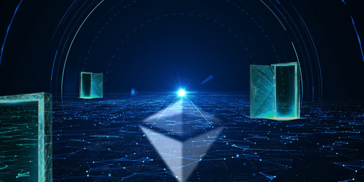 puertas digitales abiertas spobre red digital con logo de ethereum superpuesto