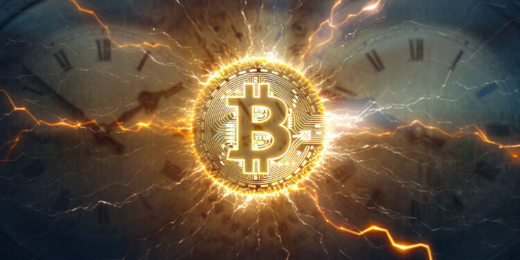 moneda de bitcoin entre relampagos en red con relojes marcando paso de tiempo en el fondo