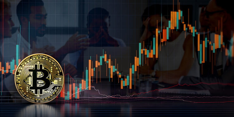 moneda de bitcoin con grafico de precio y personas cansada en el fondo