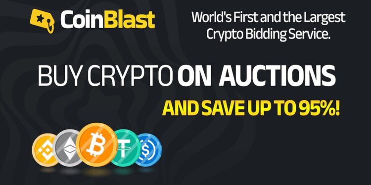 Pancarta promocional de la plataforma de subastas de criptomonedas CoinBlast