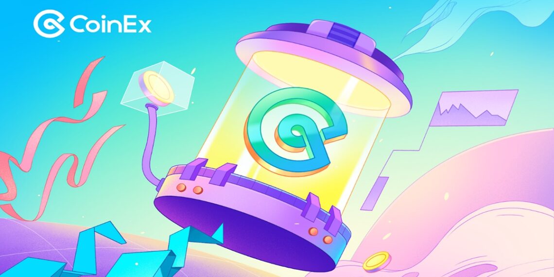 Logo de CoinEx sobre un farol.