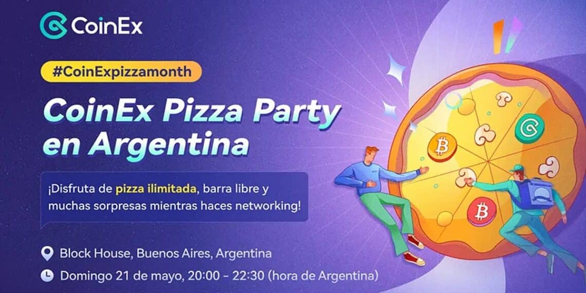 Pancarta promocional del CoinEx Pizza Party en Argentina.