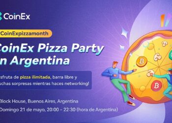 Pancarta promocional del CoinEx Pizza Party en Argentina.