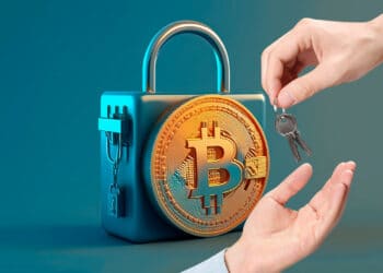 Candado con un bitcoin y unas manos entregándose una llave.