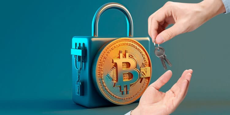 Candado con un bitcoin y unas manos entregándose una llave.