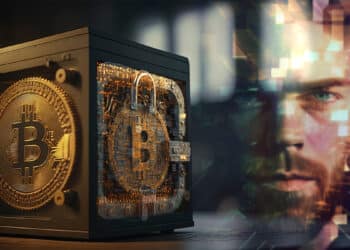 bloque con bitcoin asegurado junto a imagen de persona revelandose