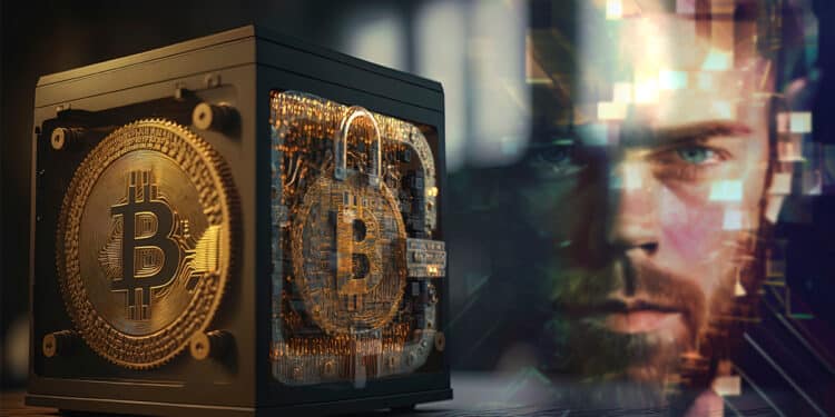 bloque con bitcoin asegurado junto a imagen de persona revelandose