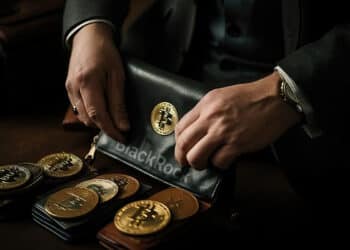 monedas de bitcoin dentro de portafolio con logo de blackrock entre manos