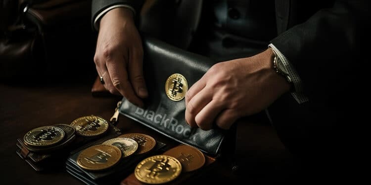 monedas de bitcoin dentro de portafolio con logo de blackrock entre manos