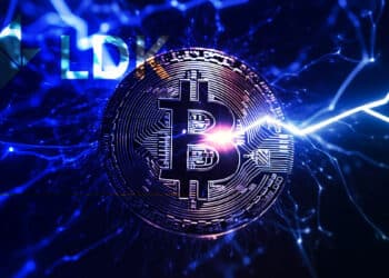 moneda de bitcoin entre relámpagos con logo de LDK superpuesto