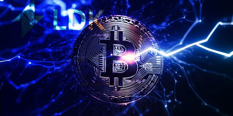 moneda de bitcoin entre relámpagos con logo de LDK superpuesto