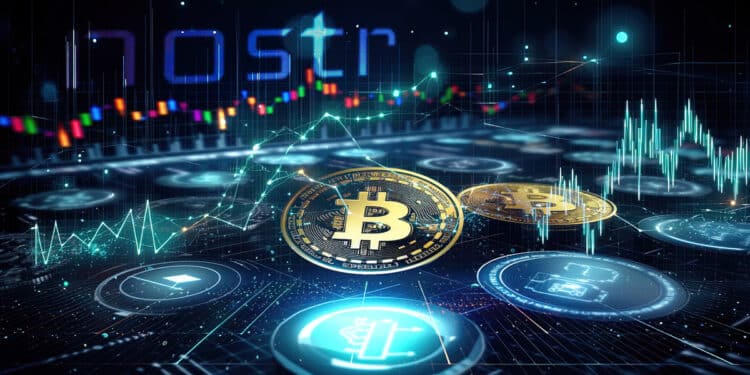 moneda de bitcoin entre monedas digitalesd con graficos de precio e interfaz de casa de cambio y logo de NOSTR en el fondo