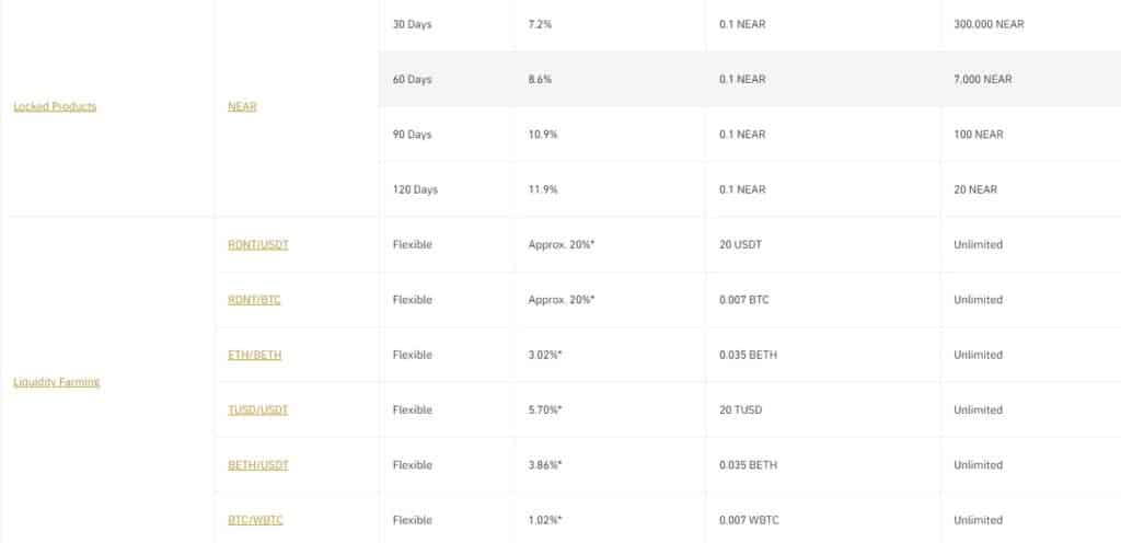 Oferta de Binance Earn con duración perderminada de varios tokens y de farming de liquidez.