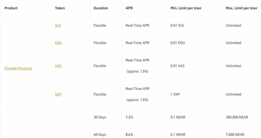 Oferta de Binance Earn con duración flexible de varios tokens.