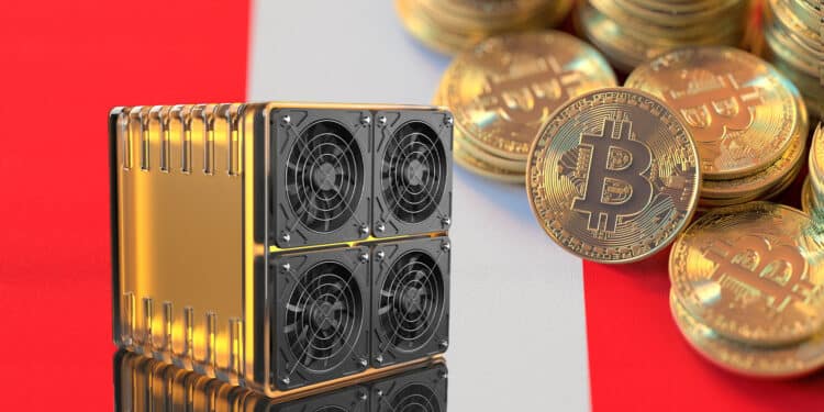Mineros, bitcoin y bandera de Perú.