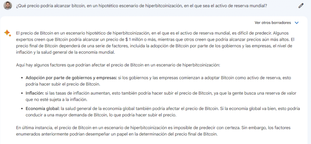 Bard estima a qué precio podría llegar bitcoin – Fuente: Bard.google.com - Captura de pantalla por CriptoNoticias.