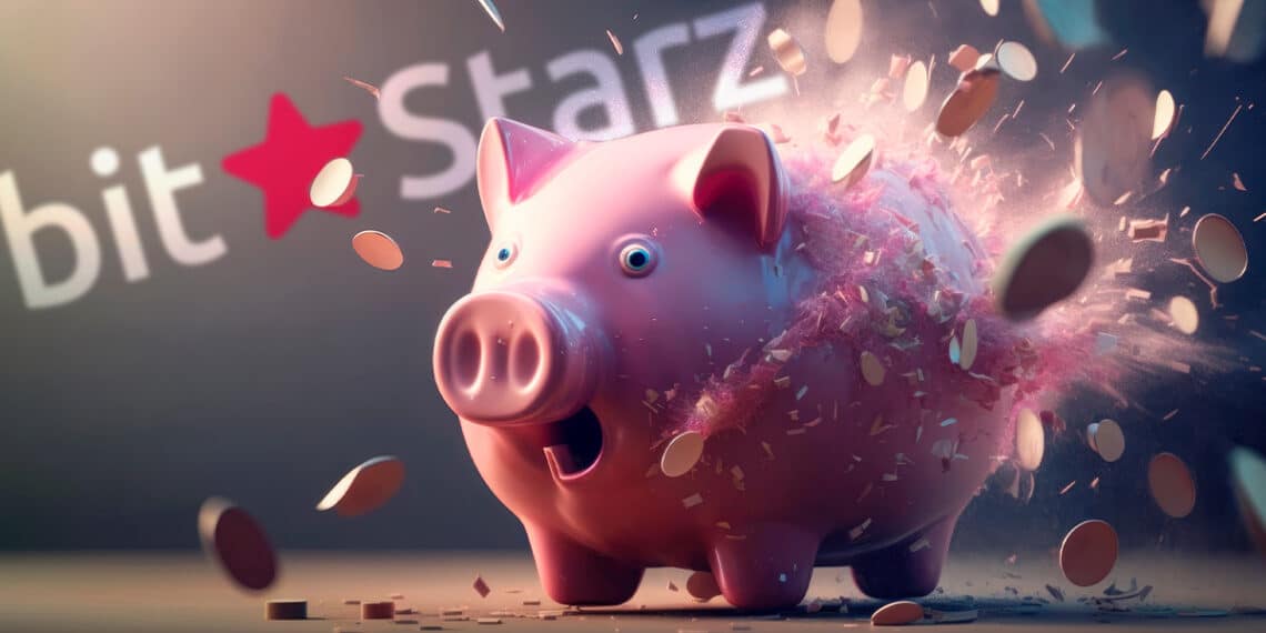 alcancía de cochinito explotando y liberando monedas con logo de bitstarz en el fondo