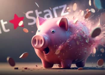 alcancía de cochinito explotando y liberando monedas con logo de bitstarz en el fondo