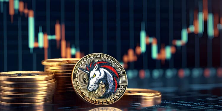 moneda con logo de 1inch network con grafico de precio alcista en el fondo