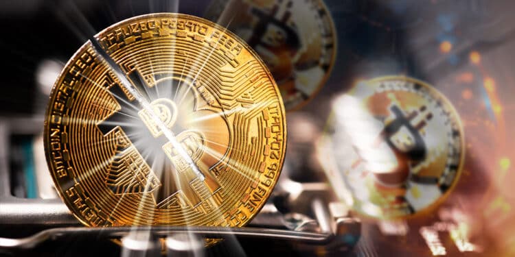 moneda de bitcoin dividiendose a la mitad con monedas de bitcoin en el fondo