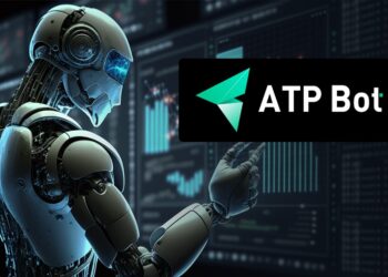 Robot cibernético en sala de computadoras frente a logo de ATPBot.