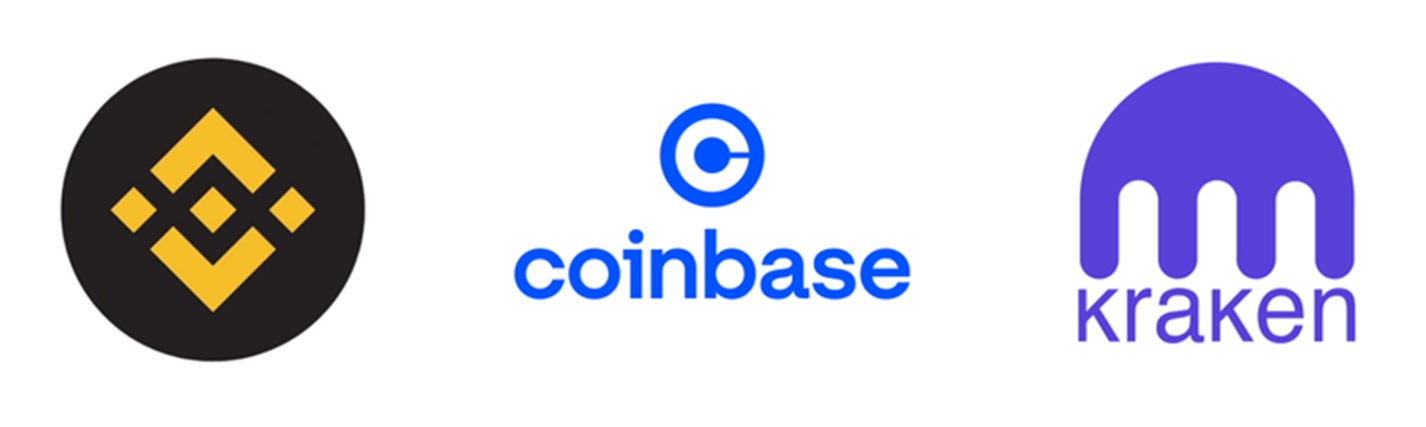 Binance, Coinbase and Kraken logos.