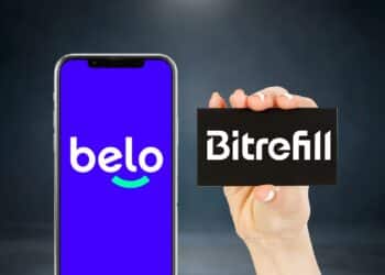 Celular con logo de Belo y gifcard de Bitrefill.