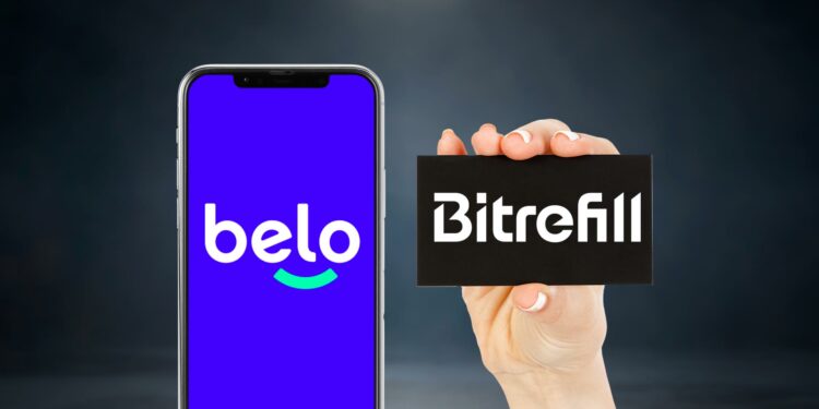 Celular con logo de Belo y gifcard de Bitrefill.
