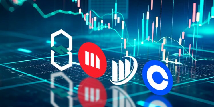 Suben acciones de empresas relacionadas con bitcoin - Composición por CriptoNoticias. 1coinbase.com ; companieslogo.com ; Masamy Sign / stock.adobe.com.