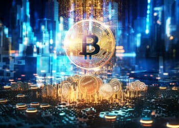 moneda de bitcoin entre monedas agrupadas con ciudad digital en el fondo