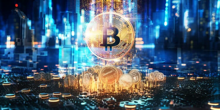 moneda de bitcoin entre monedas agrupadas con ciudad digital en el fondo