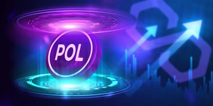 moneda de POL con grafico alcista de precio y logo de Polygon en el fondo
