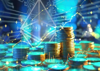 monedas apiladas con logo de ethereum en el fondo en red digital y graficos en alza superpuestos