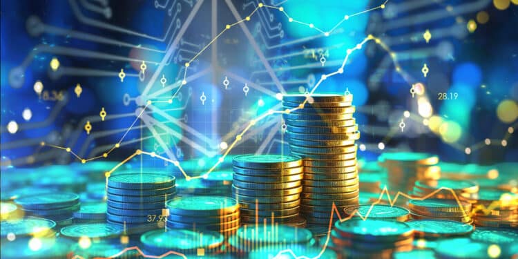 monedas apiladas con logo de ethereum en el fondo en red digital y graficos en alza superpuestos
