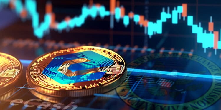 moneda de Ecash sobre pantalla con logo de la sec reflejado y graficos de precio en el fondo