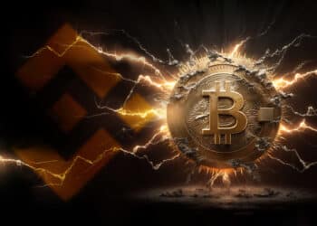 moneda de bitcoin entre relampagos junto a logo de binance
