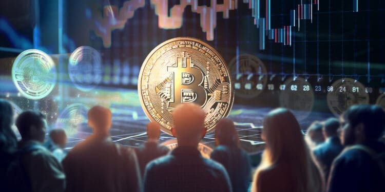 personas rodeando moneda de bitcoin sobre pantalla con grafico de precio en el fondo
