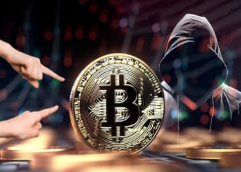 Bitcoin siendo juzgado con un hacker de fondo, haciendo referencia al crimen.