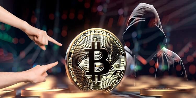 Bitcoin siendo juzgado con un hacker de fondo, haciendo referencia al crimen.