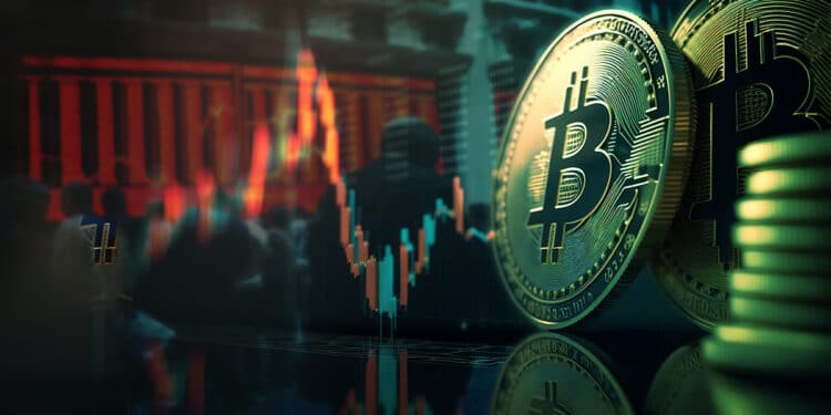 moneda de bitcoin junto agraficos de crisis de mercado en el fondo
