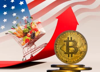 Bitcoin, carrito de supermercado en subida representando la inflación y bandera de EE. UU.